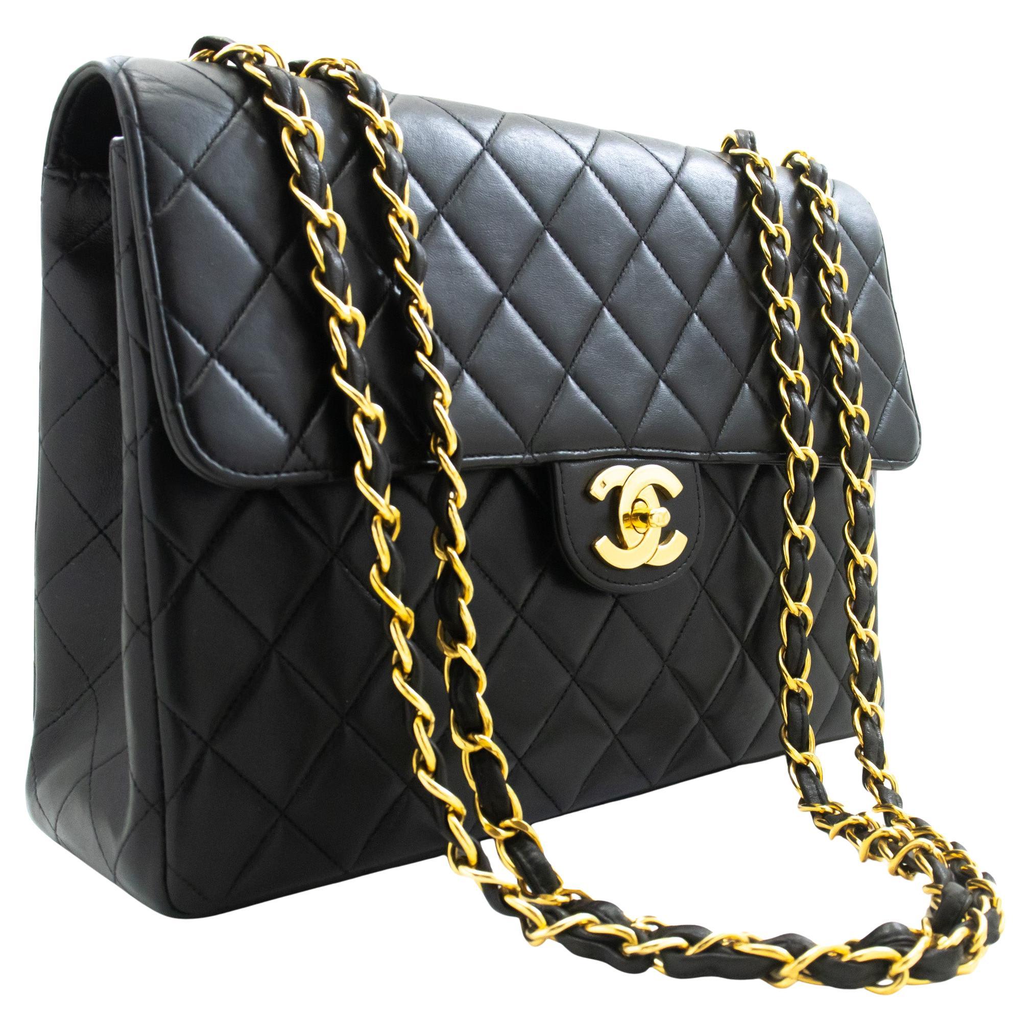 CHANEL Classic Large 11" Chain Shoulder Bag Flap Lambskin Black For Sale