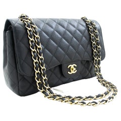 CHANEL Classic Large 11" Chain Shoulder Bag W Flap Black Caviar