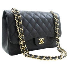 CHANEL Classic Borsa a tracolla grande da 11" in pelle di vitello granulata Nero