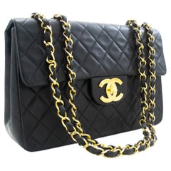 Used CHANEL Classic Large 13" Chain Flap Shoulder Bag Lambskin Black