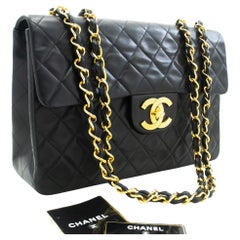 Used CHANEL Classic Large 13" Chain Flap Shoulder Bag Lambskin Black