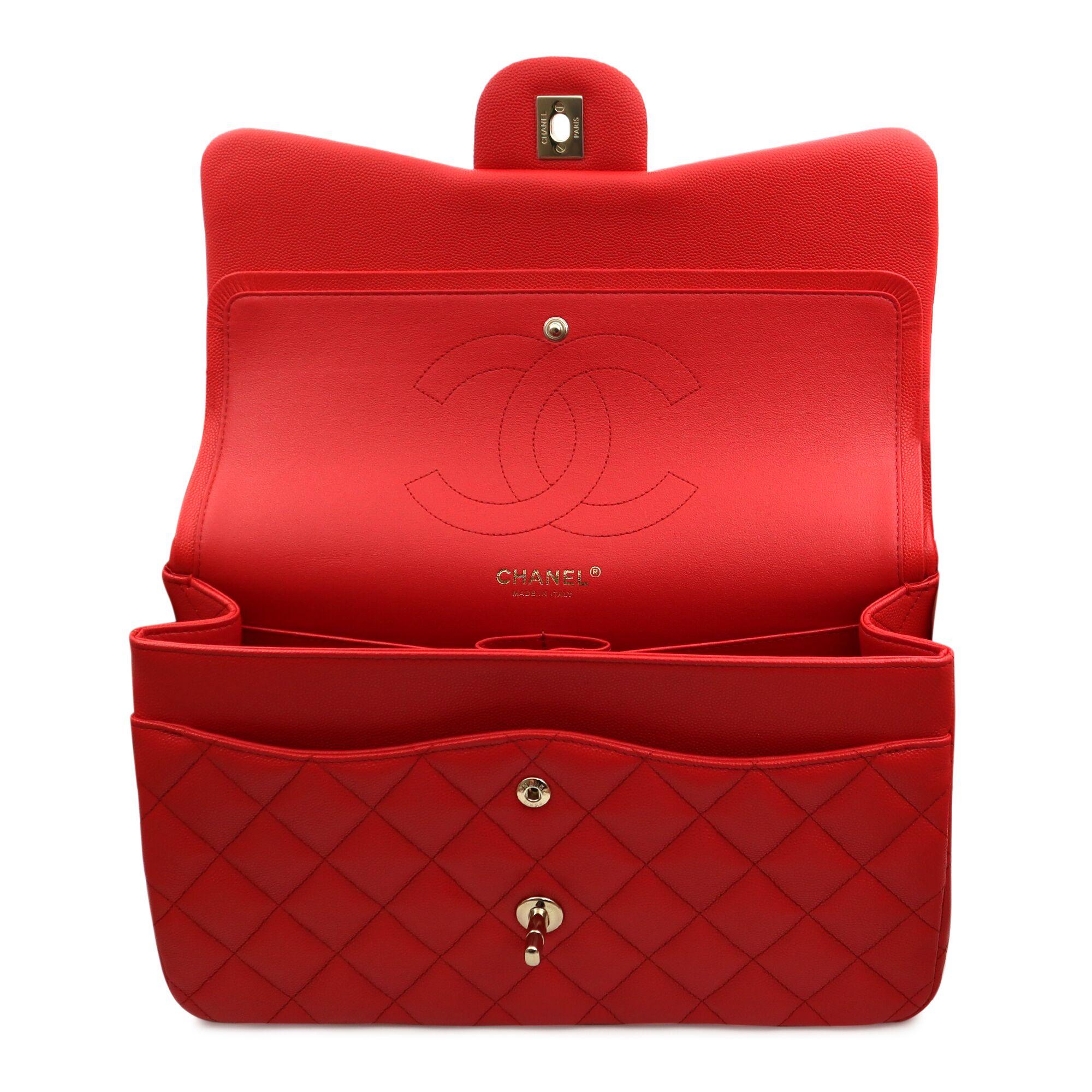 Chanel Classic Large Coral Red Quilted Caviar Leather Double Flap Bag A58600  1