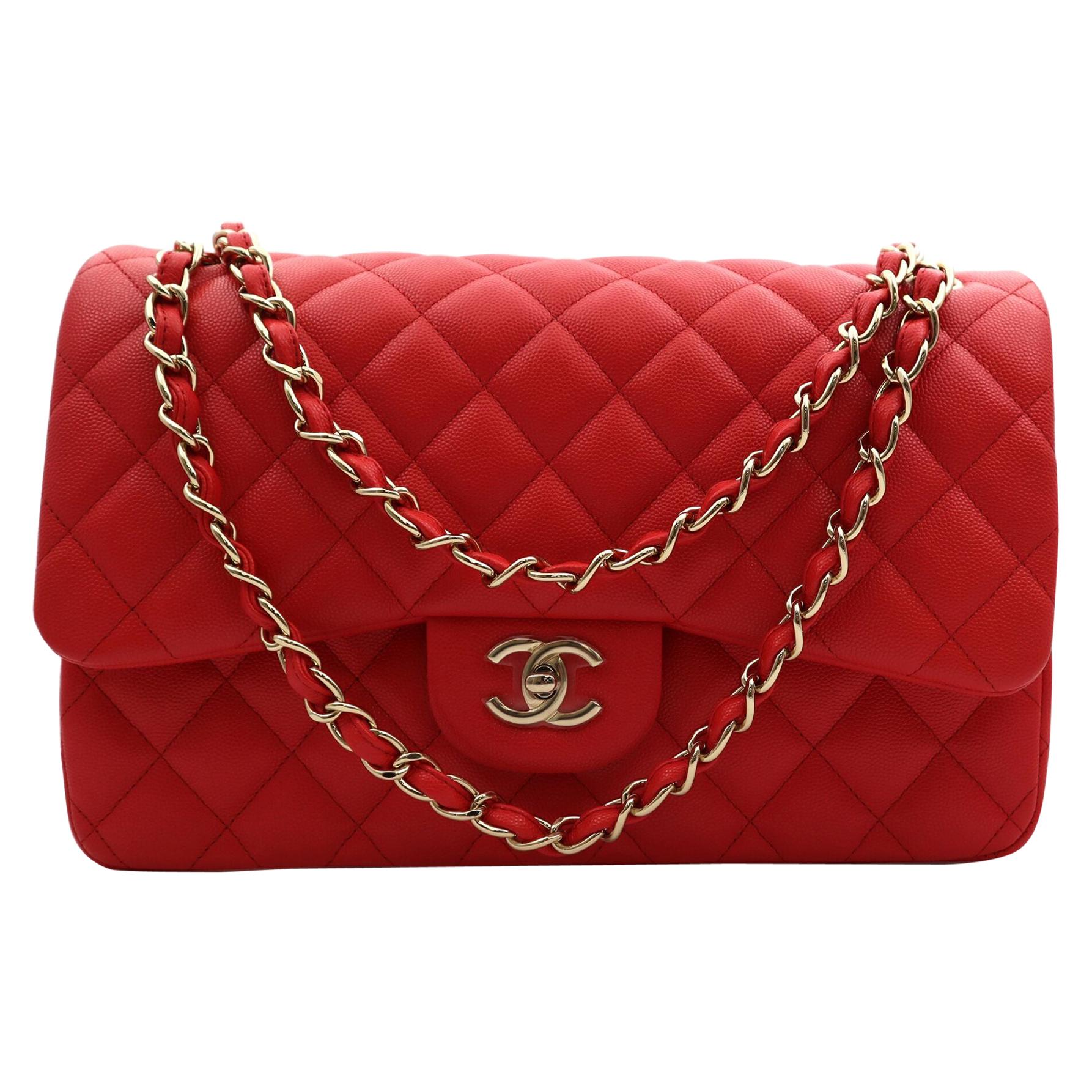 Chanel Classic Large Coral Red Quilted Caviar Leather Double Flap Bag A58600 