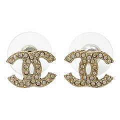 Chanel Classic Light Gold CC Crystal Small Curve Piercing Earrings