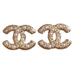 Chanel Classic Light Gold Tone Pearl CC Stud Earrings