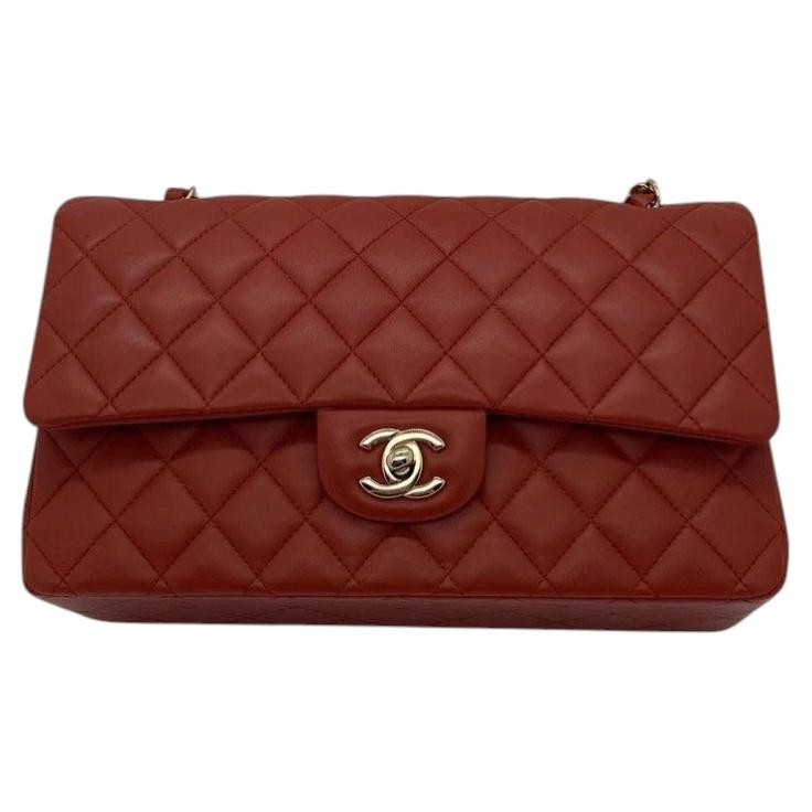 Chanel Classic Medium Double Flap Red Lambskin Gold Hardware GHW Chip