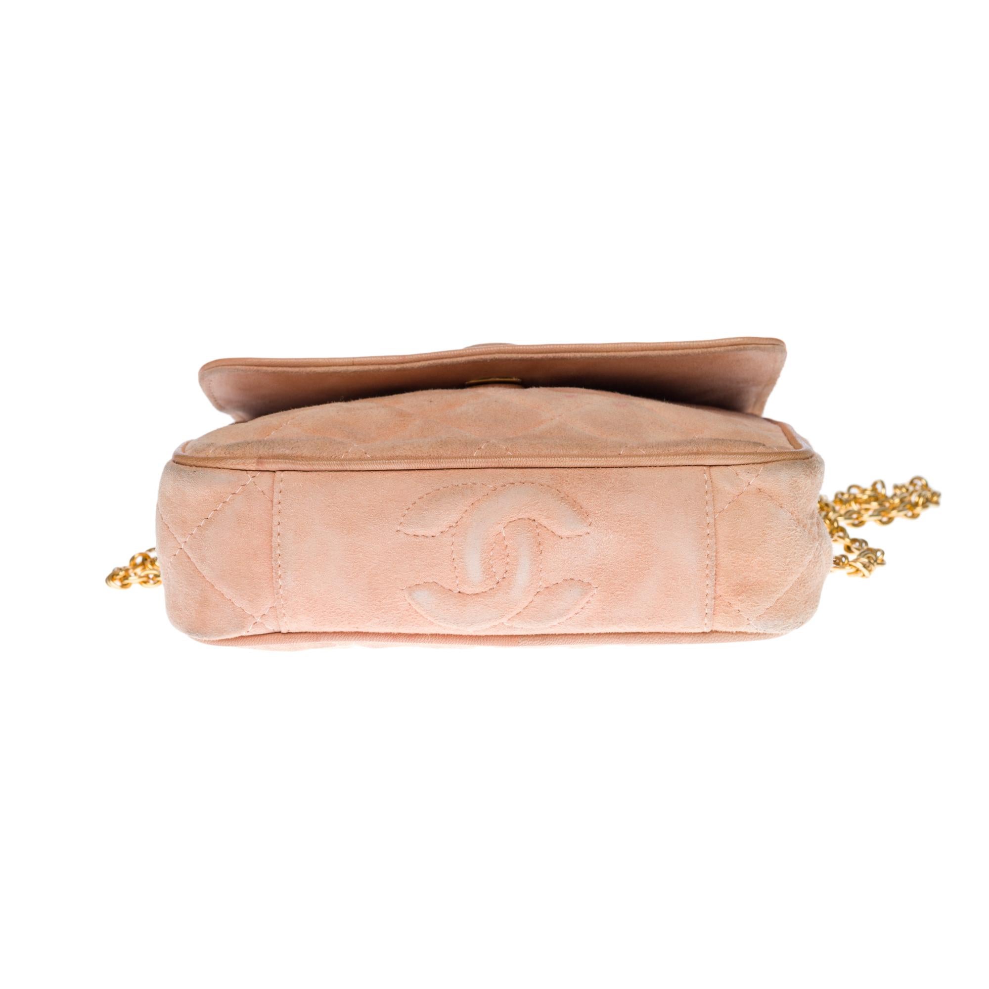 Chanel Classic Mini  shoulder flap Bag in pink quilted suede, GHW For Sale 1