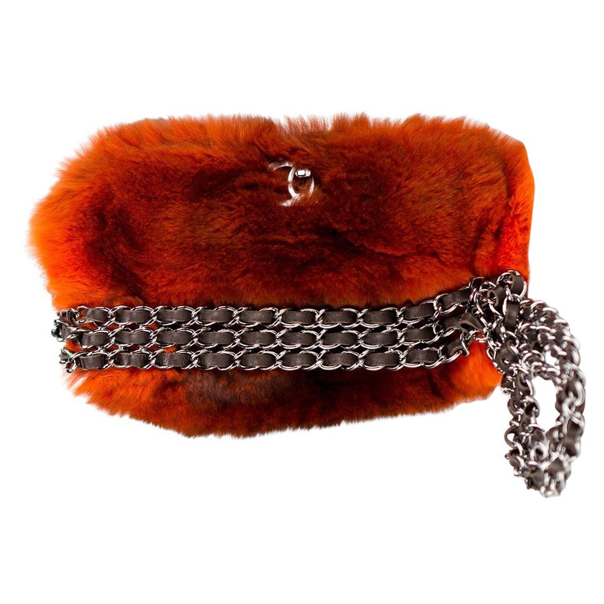 Chanel 2014 Vintage Classic Classic Ombre Triple Chain Flap Orange Fur Baguette For Sale 6