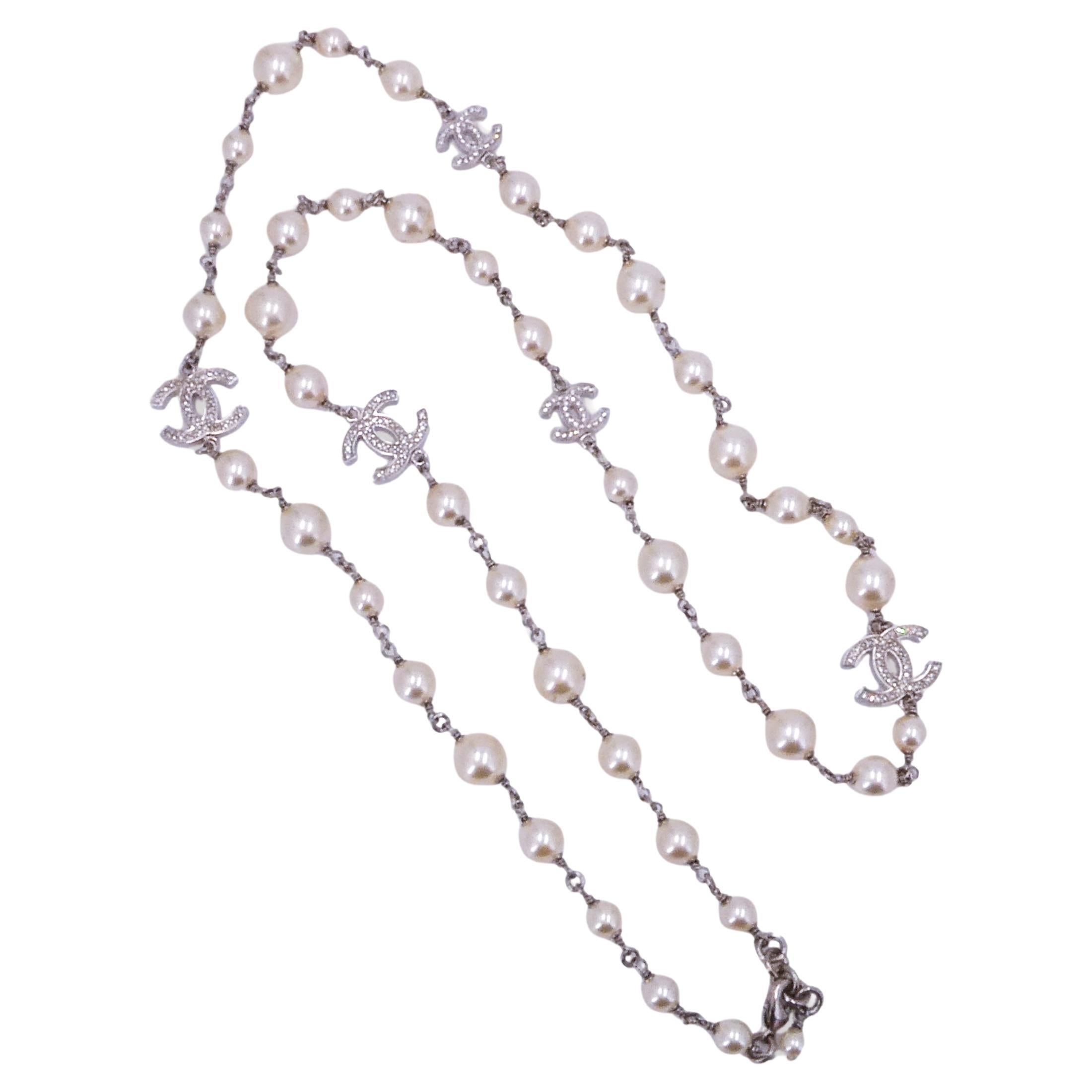 Chanel Classic Opera Pearl and Crystal CC Strand Necklace Silver