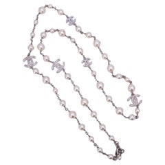 Chanel Classic Opera Pearl and Crystal CC Strand Necklace Silver 66387