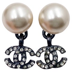Chanel Classic Pearl Gunmetal CC Crystal Dangle Piercing Earrings