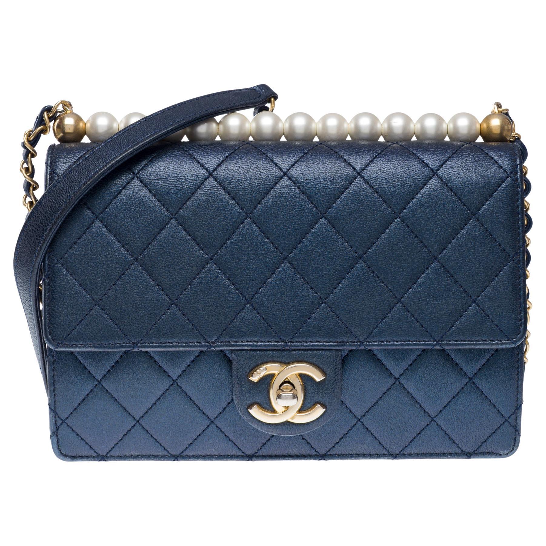 Chanel Classic Pearls flap bag in navy blue lambskin, AGHW