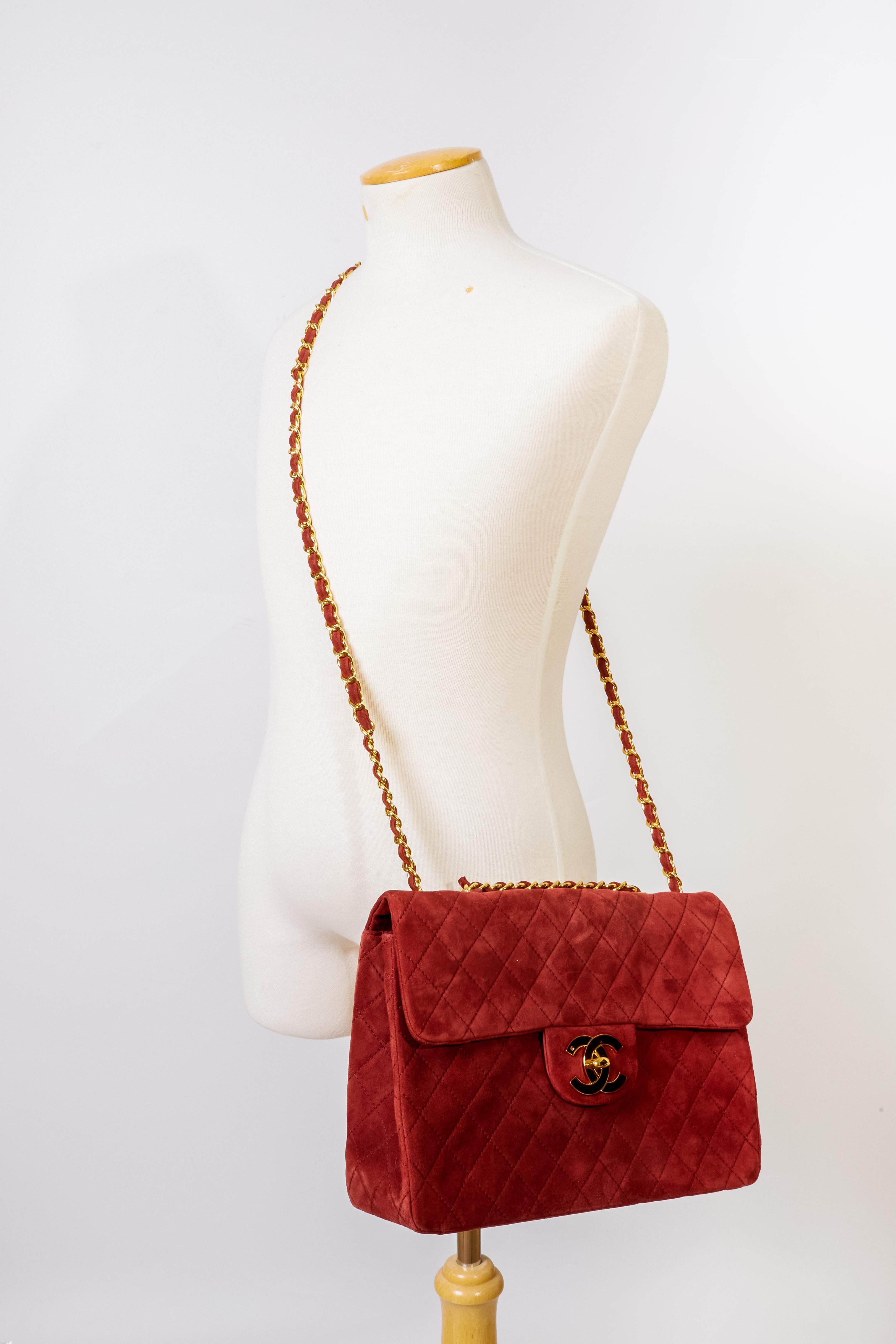 Chanel Classic Quilted Burgundy Suede Jumbo Single Flap Bag 5