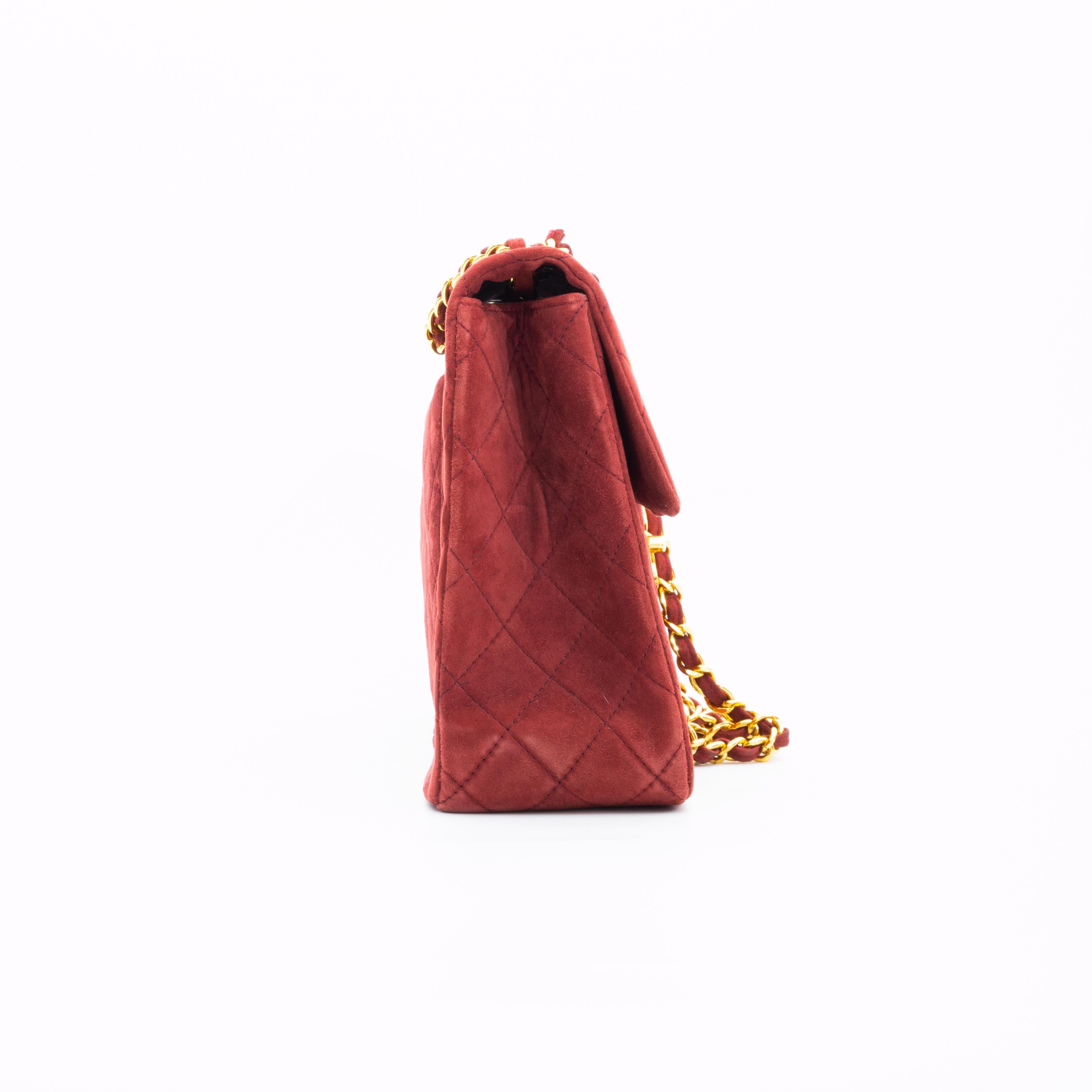 Women's or Men's Chanel Classic Quilted Burgundy Suede Jumbo Single Flap Bag For Sale