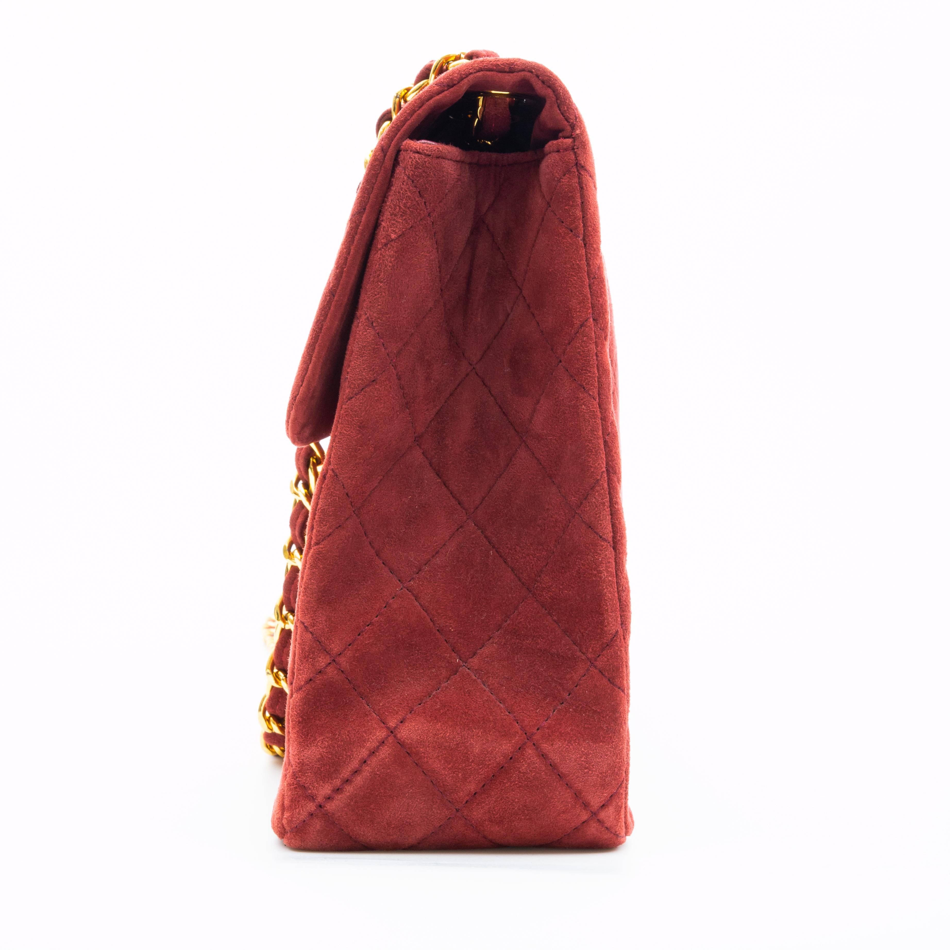 Chanel Classic Quilted Burgundy Suede Jumbo Single Flap Bag For Sale 1