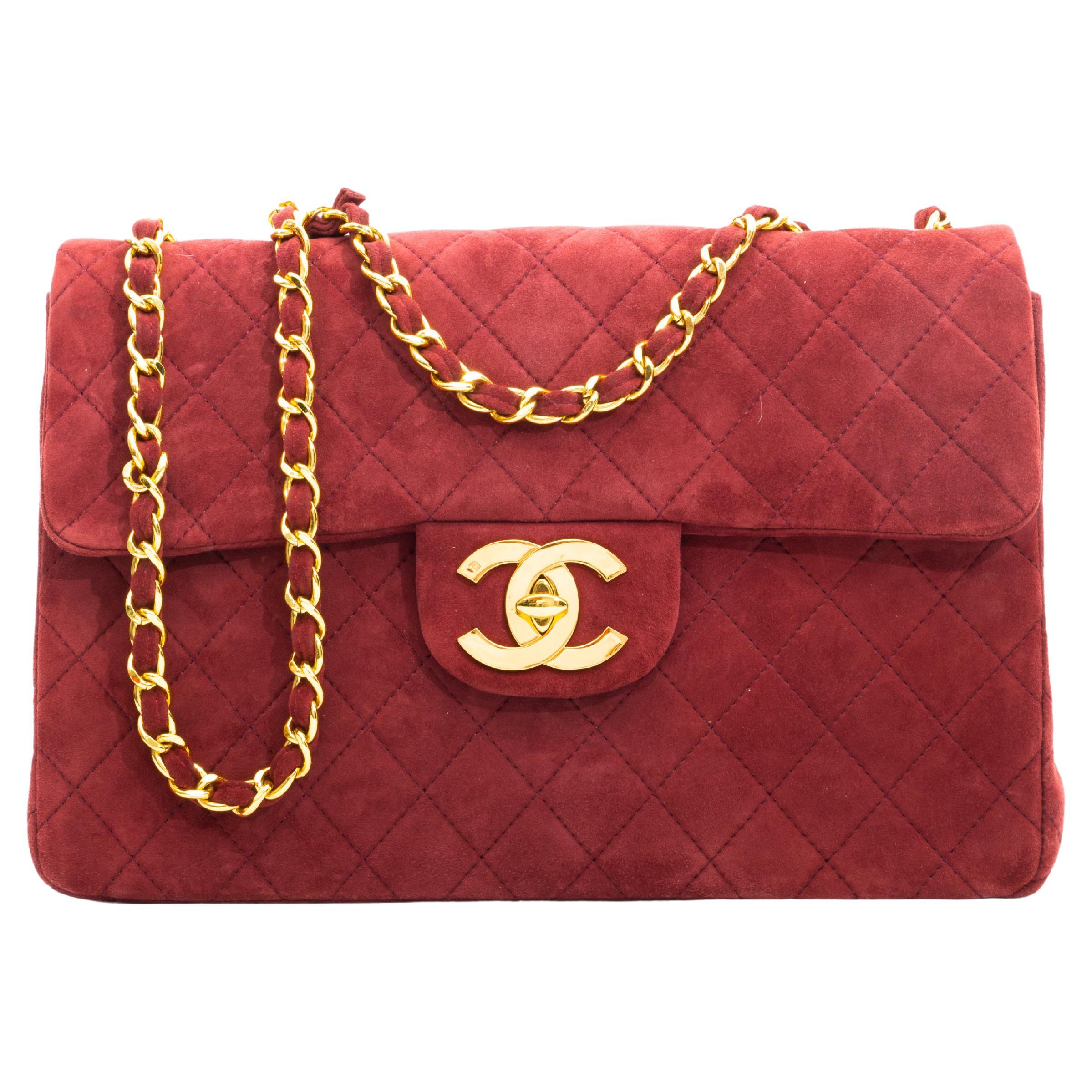 Chanel Classic Quilted Burgundy Suede Jumbo Single Flap Bag For Sale