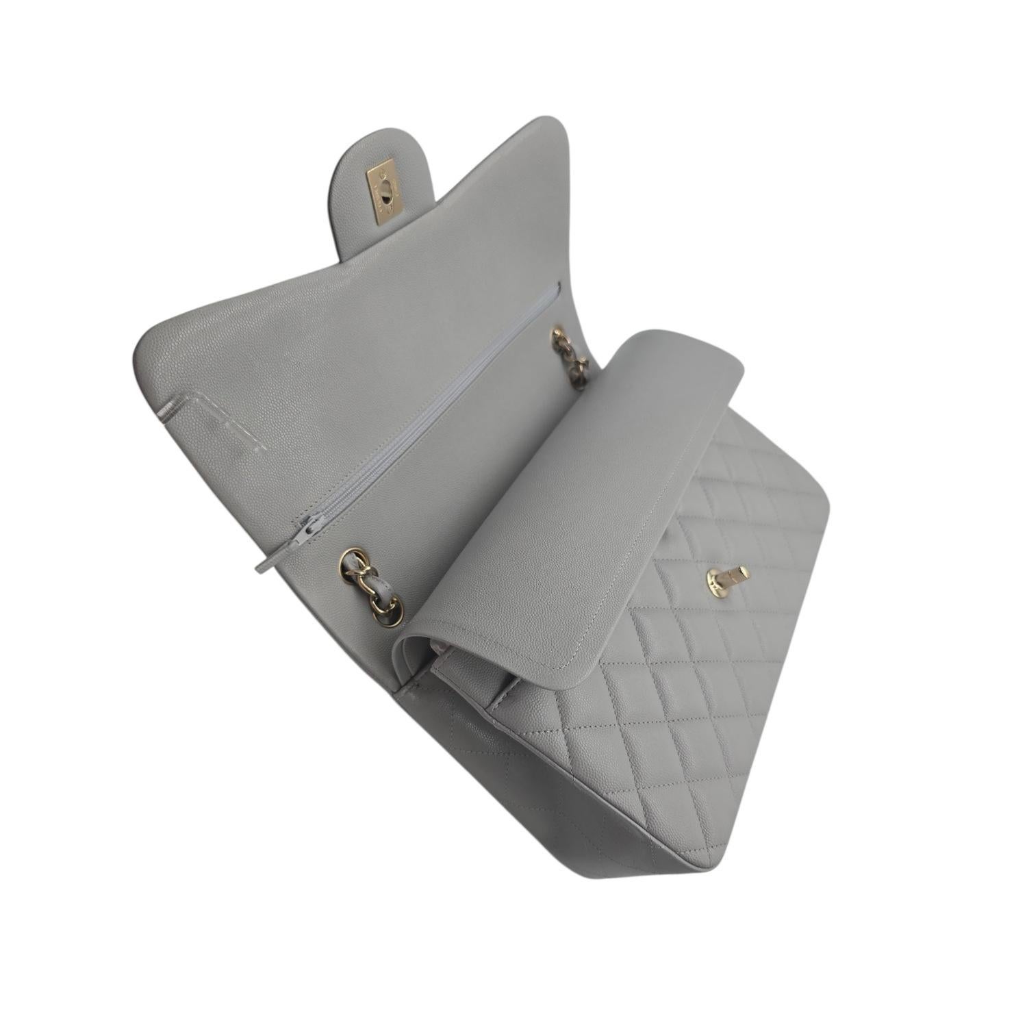 Chanel Classic Quilted Caviar Jumbo Double Flap Bag Grey 2