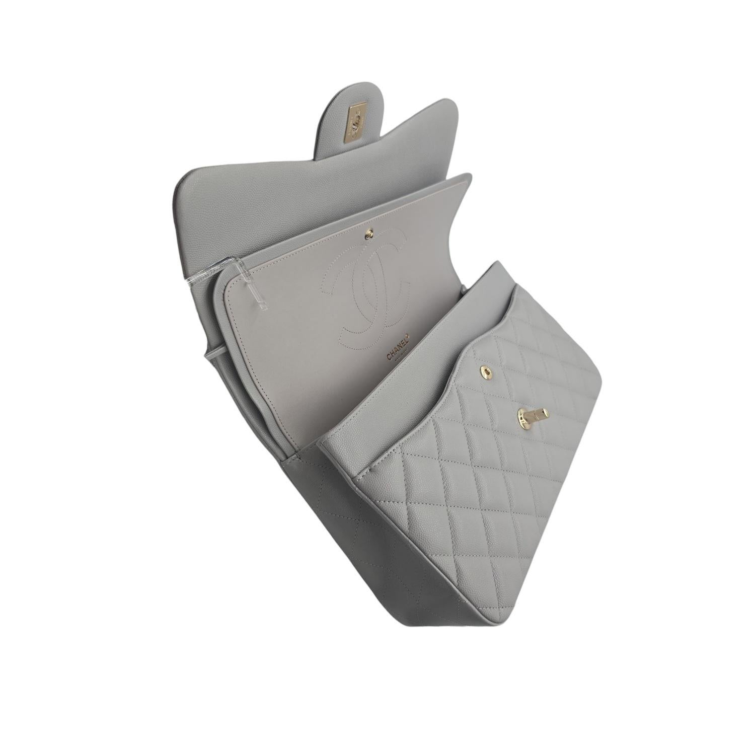 Chanel Classic Quilted Caviar Jumbo Double Flap Bag Grey 3