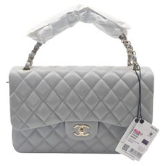 Chanel Classic Quilted Caviar Jumbo Double Flap Bag Grey