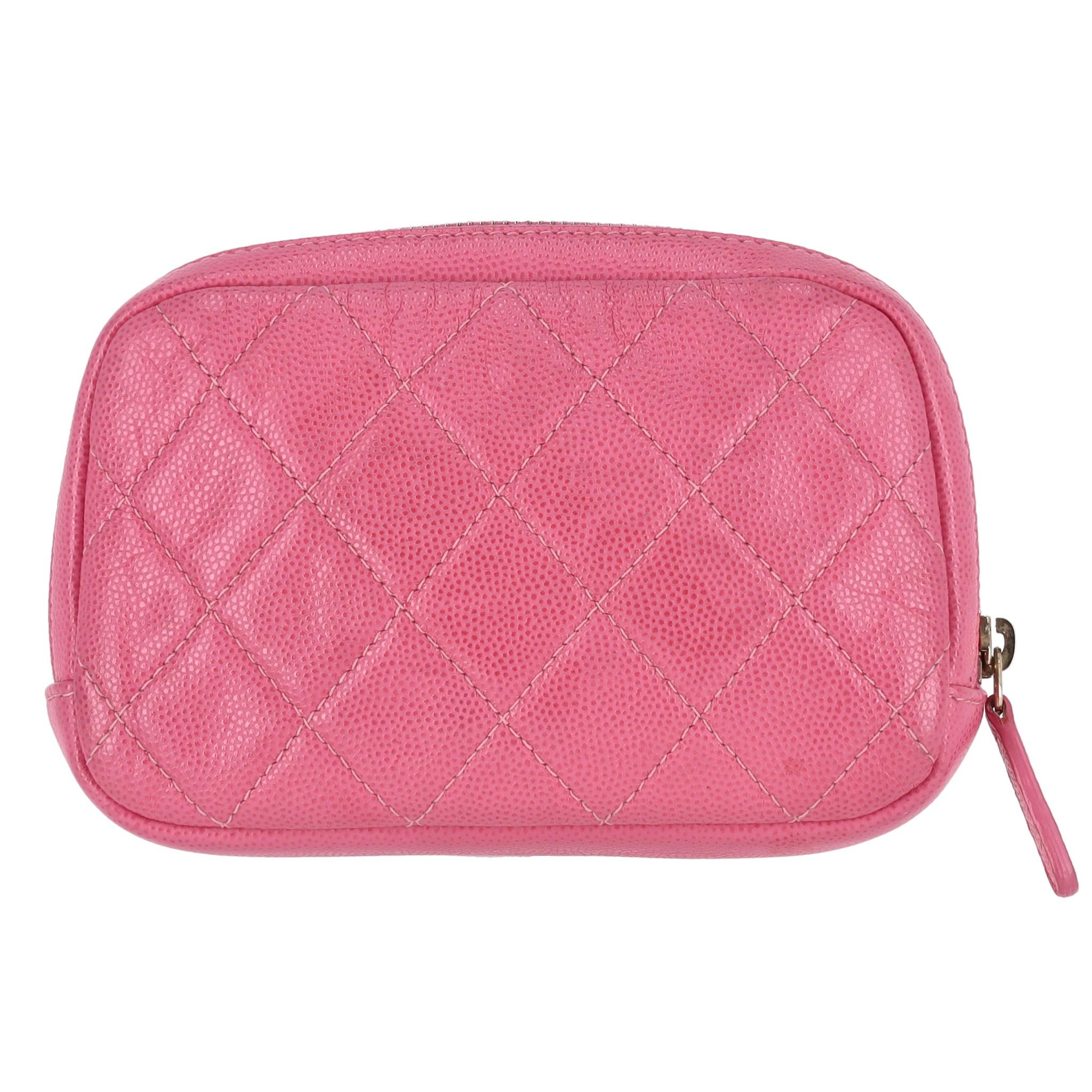 Pink Chanel Classic Quilted Caviar Leather 'CC' Logo Cosmetic Case/Pouch For Sale