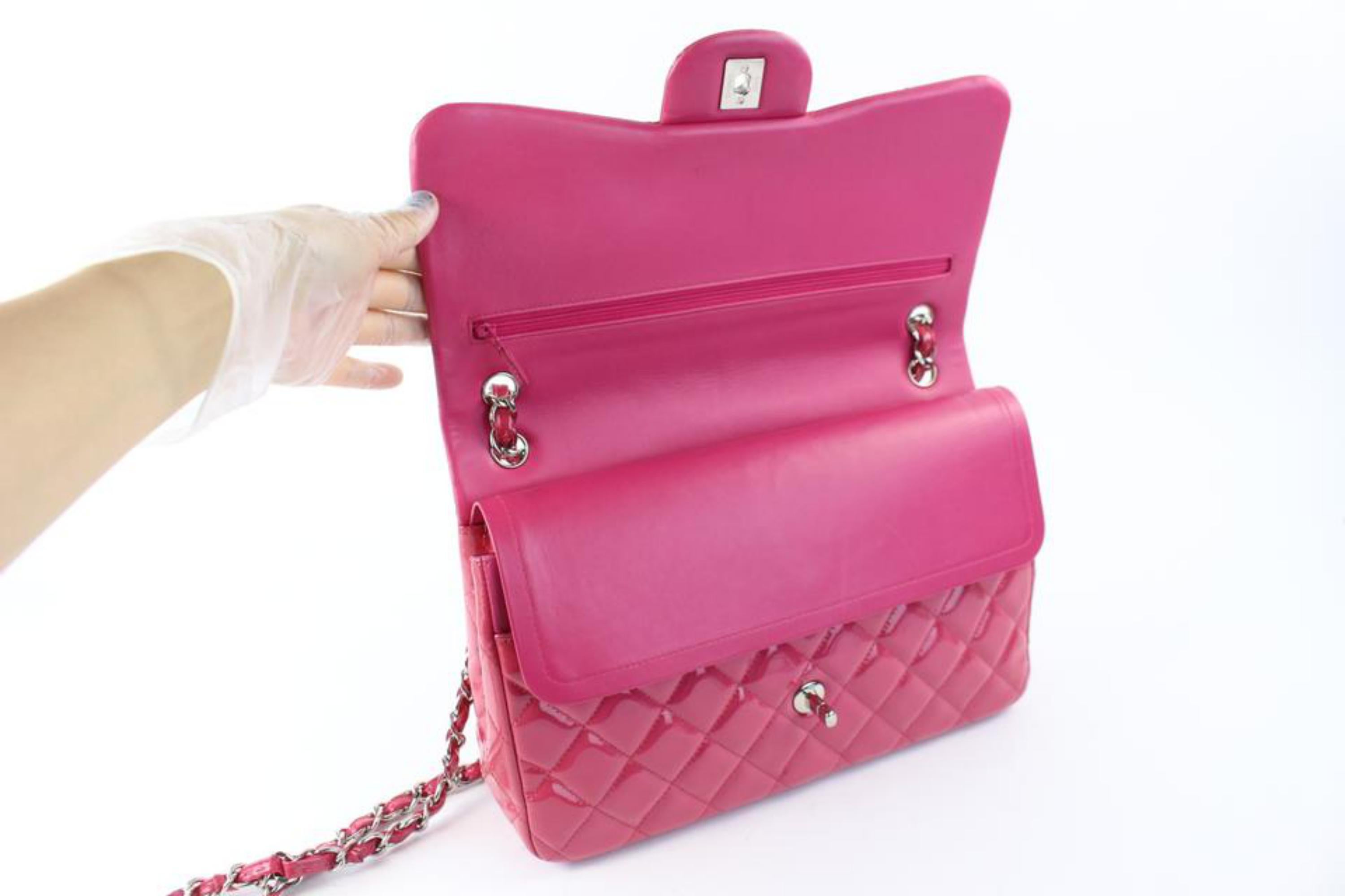 Women's Chanel Classic Quilted Jumbo Flap 01cz0720 Dark Pink Patent Leather Shoulder Bag