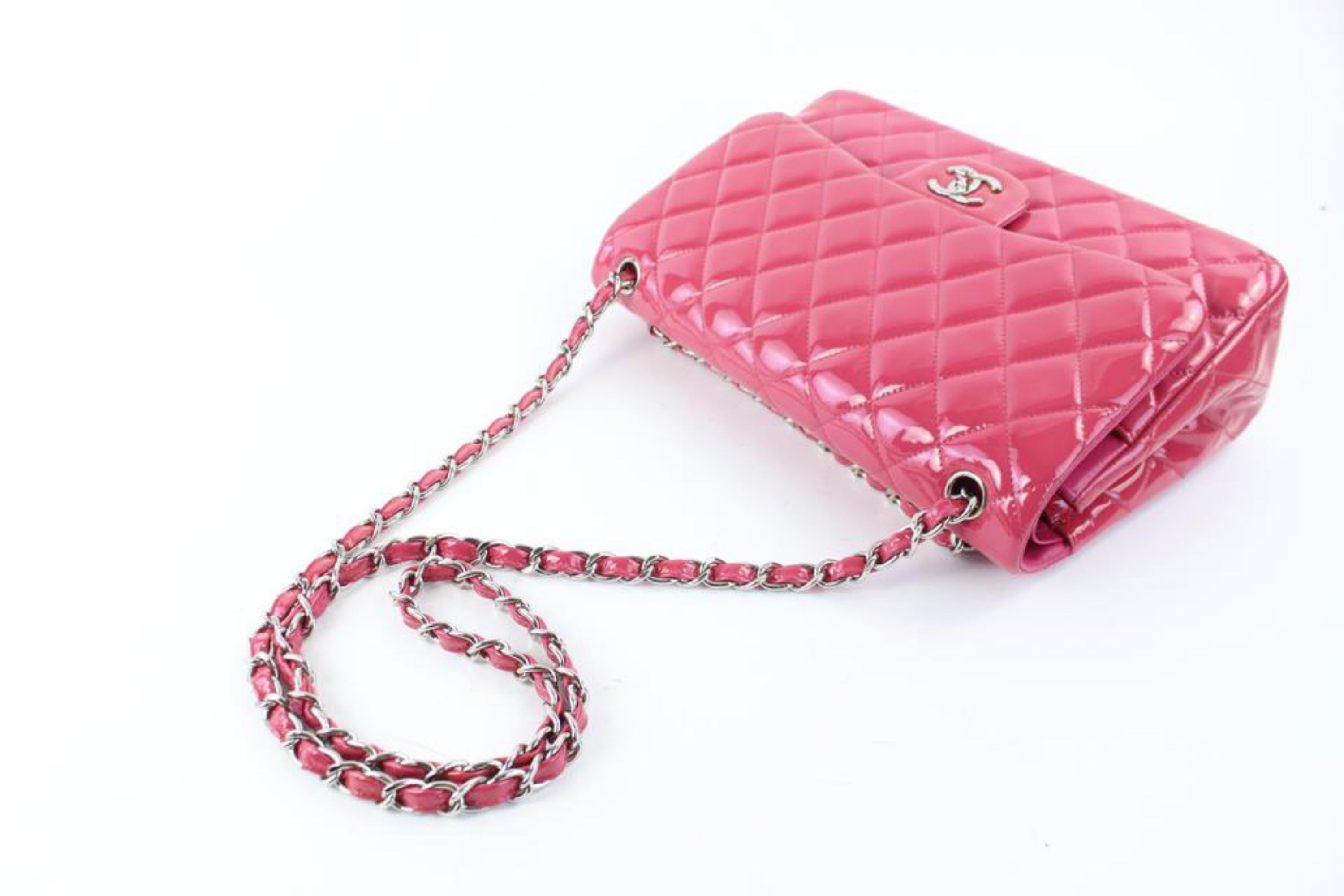 Chanel Classic Quilted Jumbo Flap 01cz0720 Dark Pink Patent Leather Shoulder Bag 2