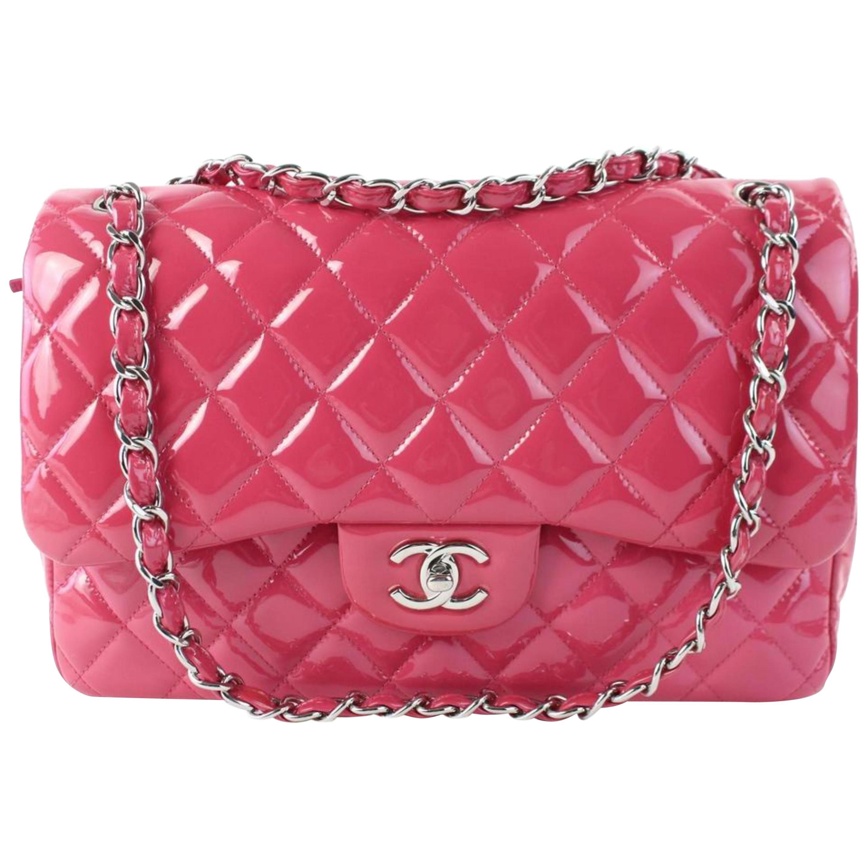 Chanel Classic Quilted Jumbo Flap 01cz0720 Dark Pink Patent Leather Shoulder Bag