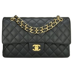 CHANEL Classic Quilted Medium Double Flap Bag Black Lambskin Gold Hardware 2012