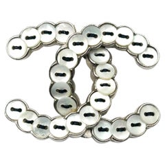 Chanel Classic Rare Silver CC Mother of Pearl Button Brooch   