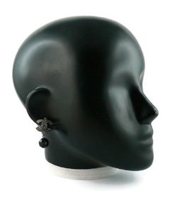 Chanel Classic Ruthenium CC Black Bead Dangling Earrings