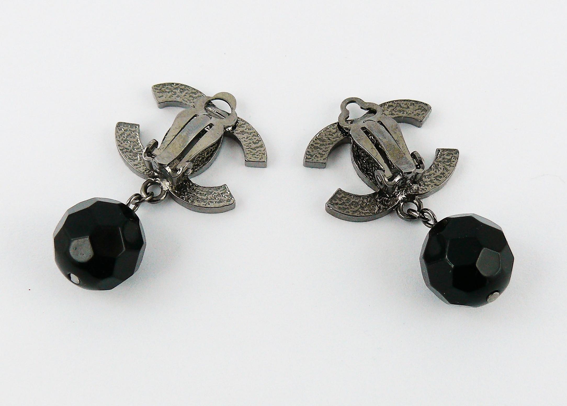 Chanel Classic Ruthenium CC Black Bead Dangling Earrings at 1stDibs