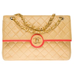 Chanel Classic shoulder bag in beige and coral quilted lambskin with GHW