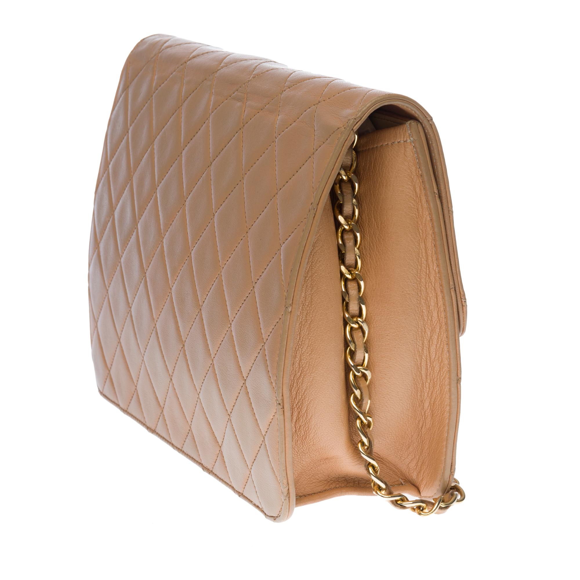 Brown Chanel Classic  shoulder bag in beige quilted lambskin and gold hardware