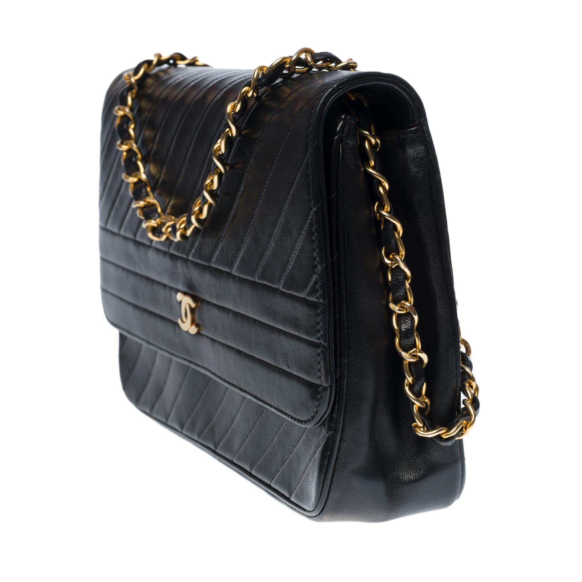 Black Chanel Classic shoulder bag in black quilted leather with herringbone , GHW