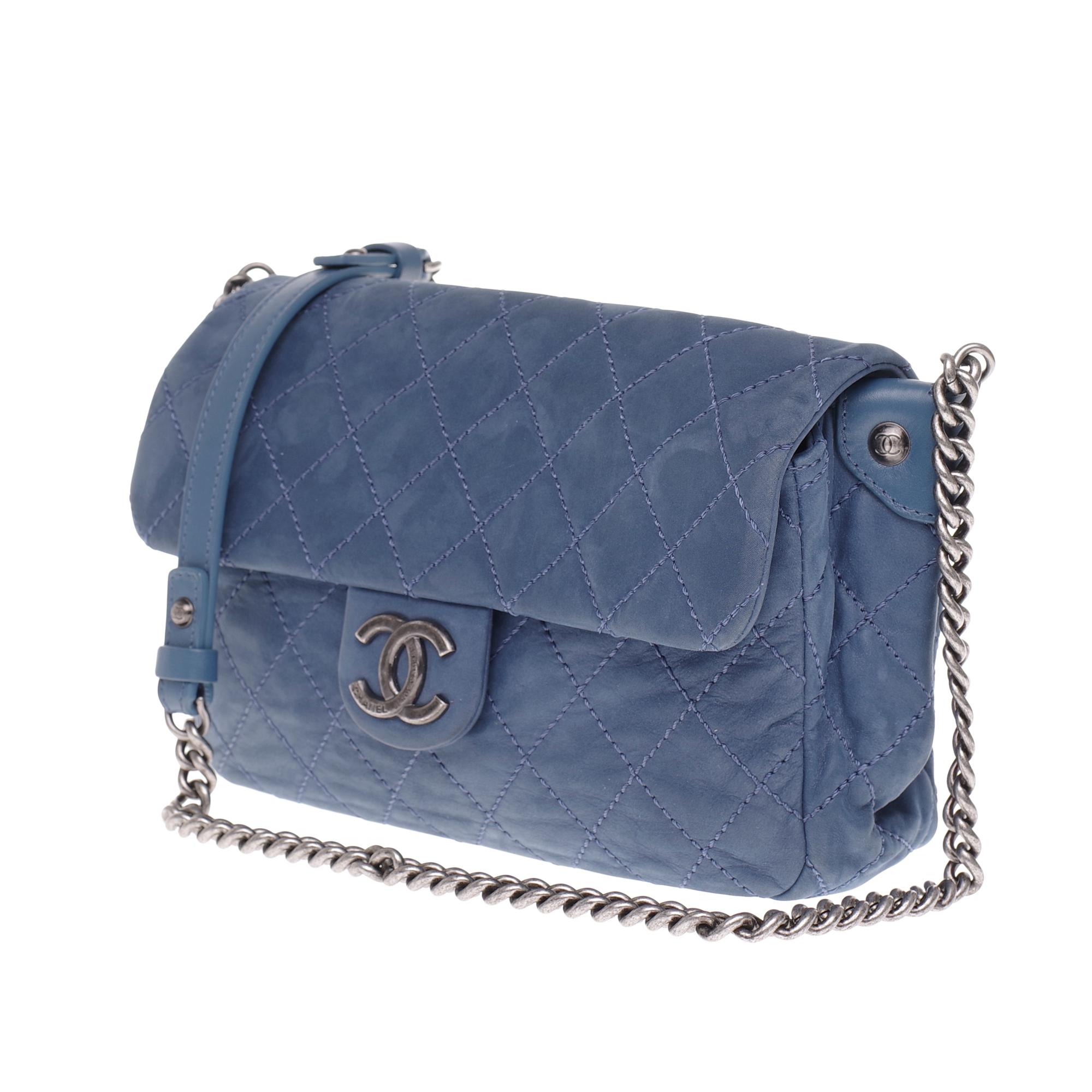 Gray Chanel Classic shoulder bag in blue quilted leather and silver hardware