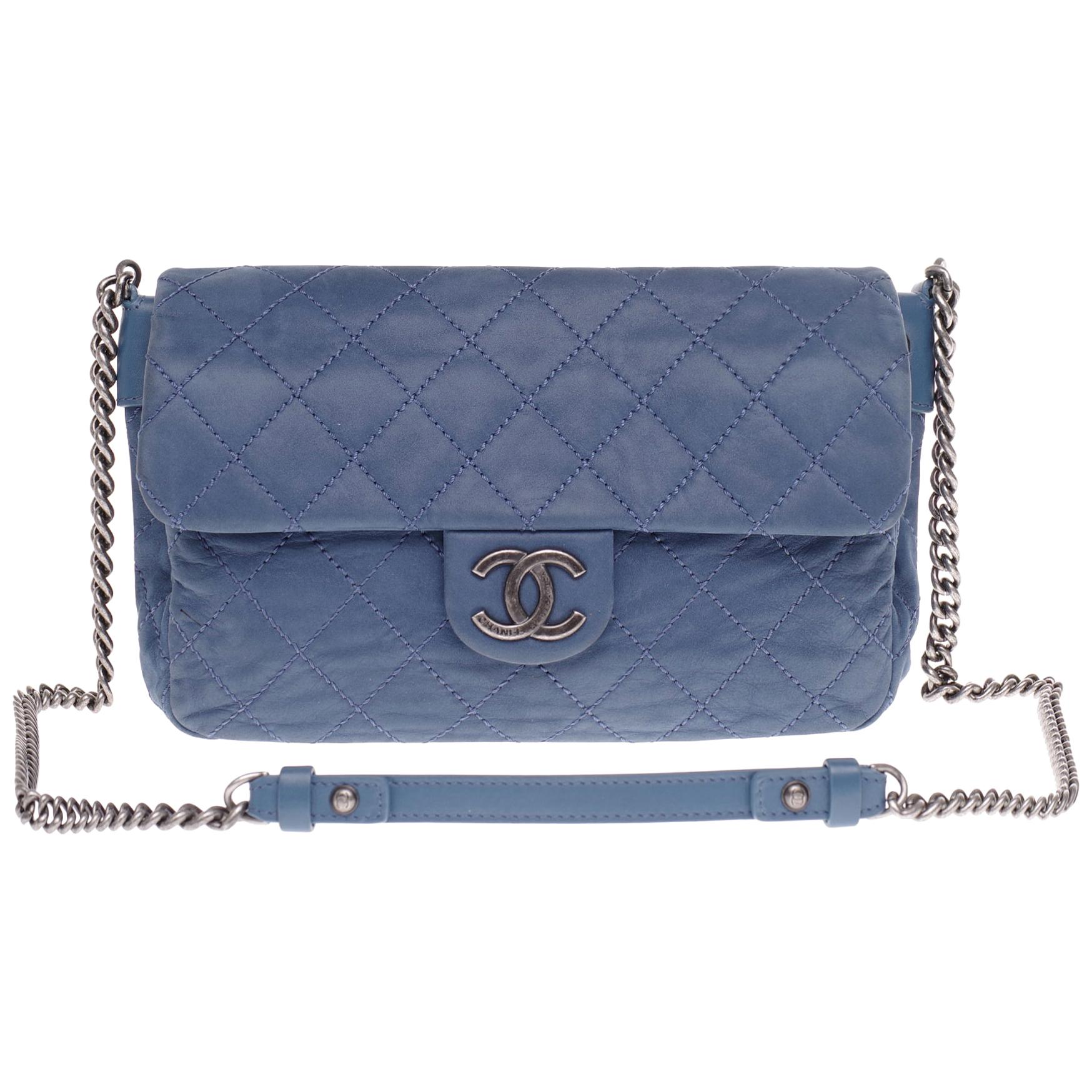 Chanel Classic shoulder bag in blue quilted leather and silver hardware