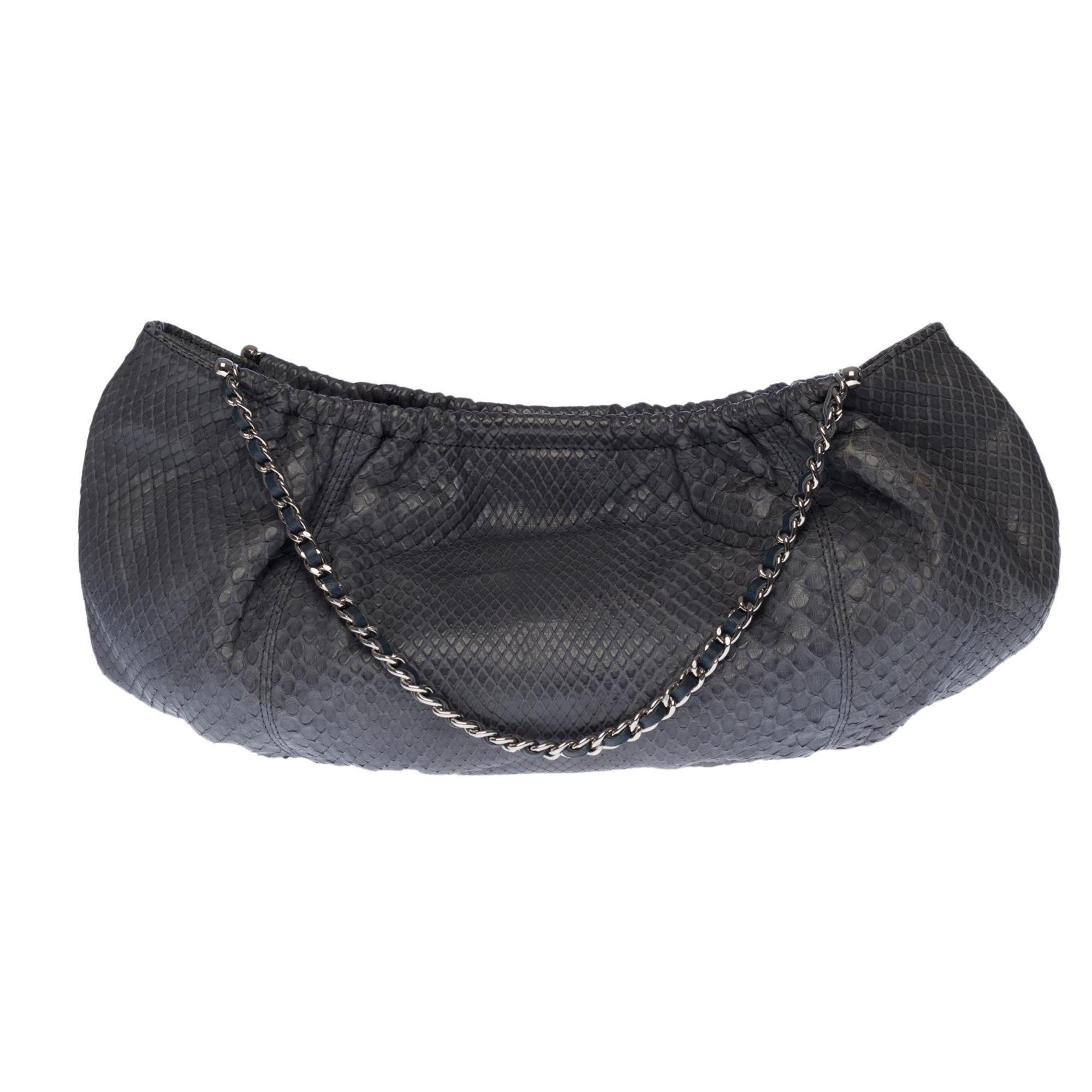 Black Chanel Classic shoulder bag in grey Python leather, silver hardware