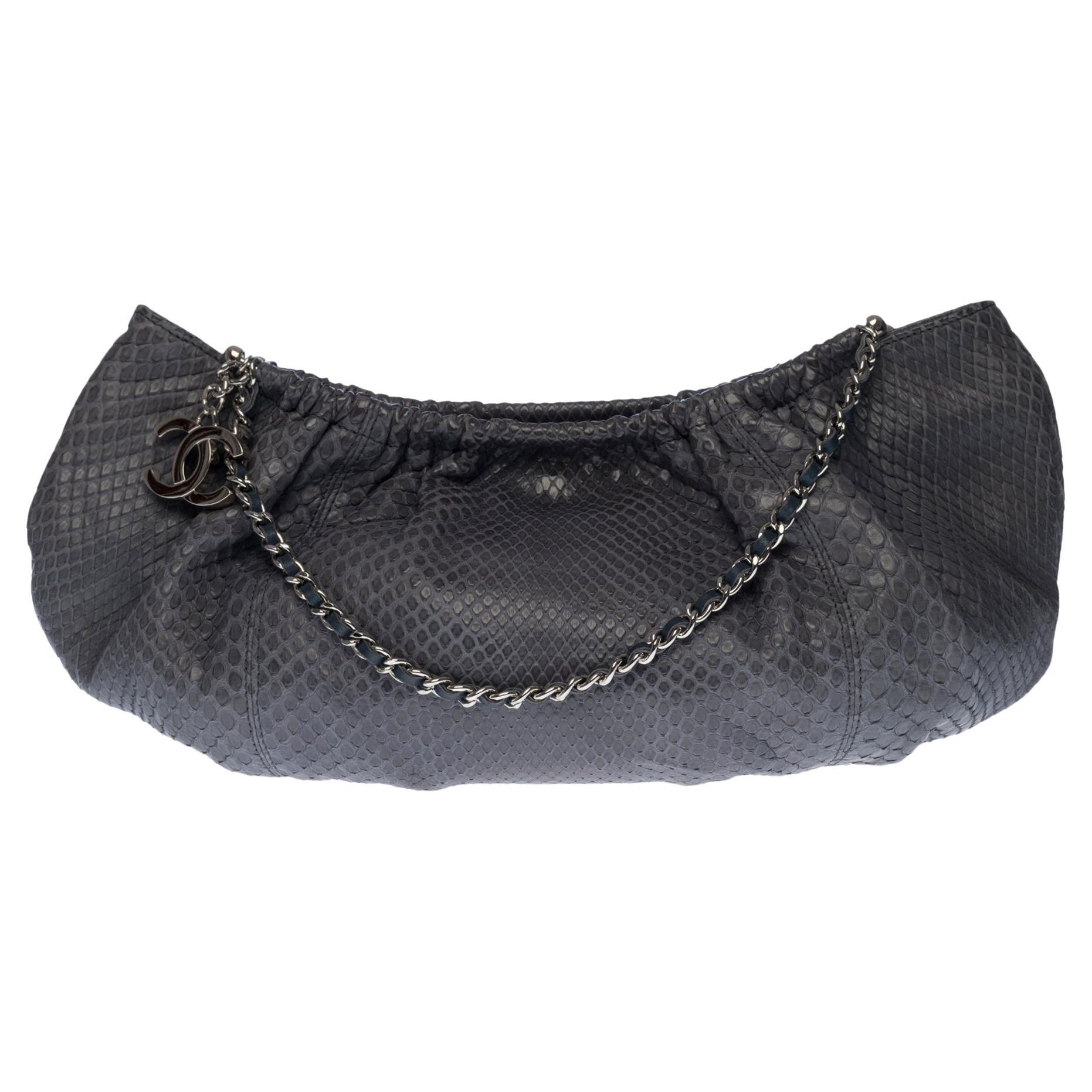 Chanel Classic shoulder bag in grey Python leather, silver hardware at  1stDibs
