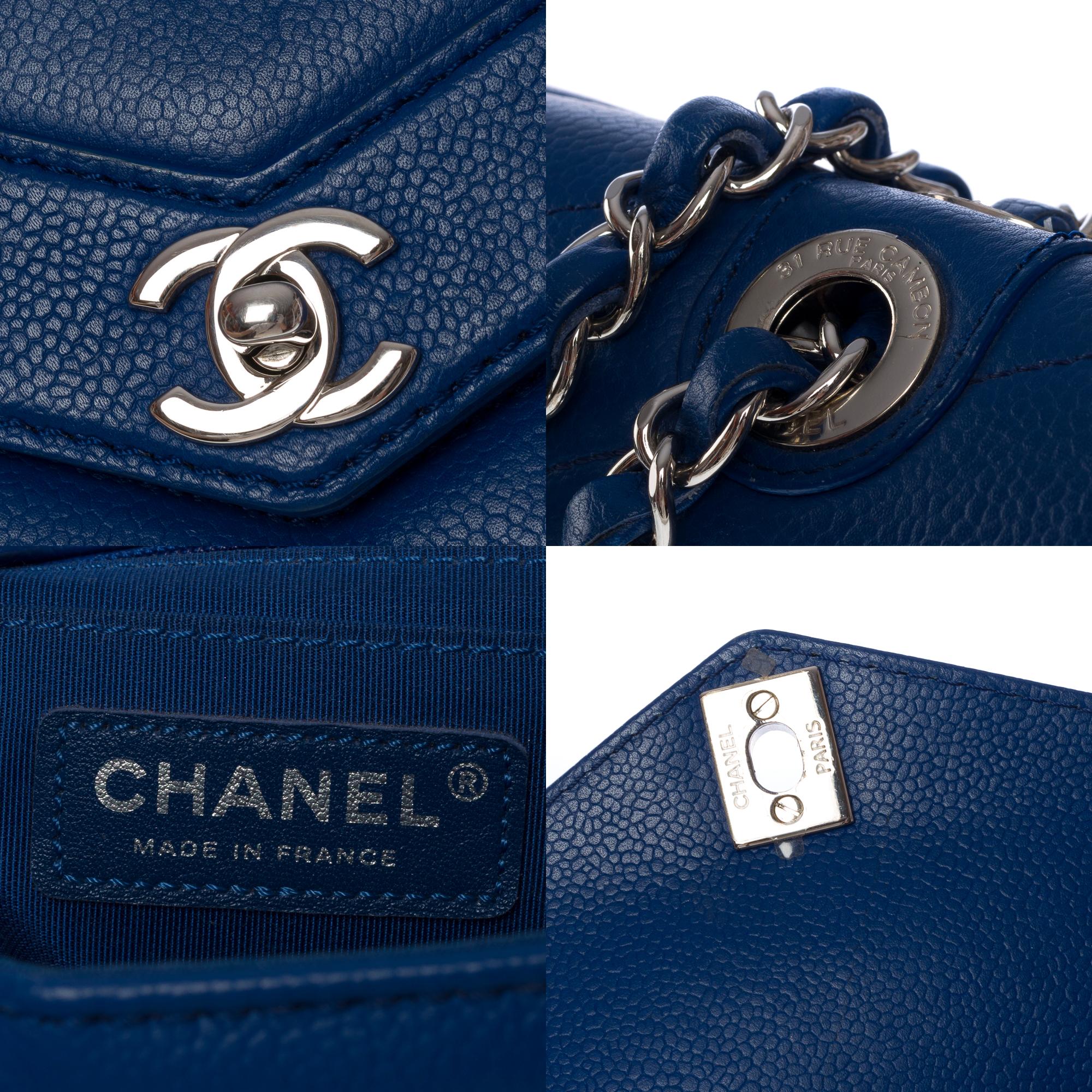 Chanel Classic shoulder flap bag in blue herringbone quilted caviar leather, SHW For Sale 2