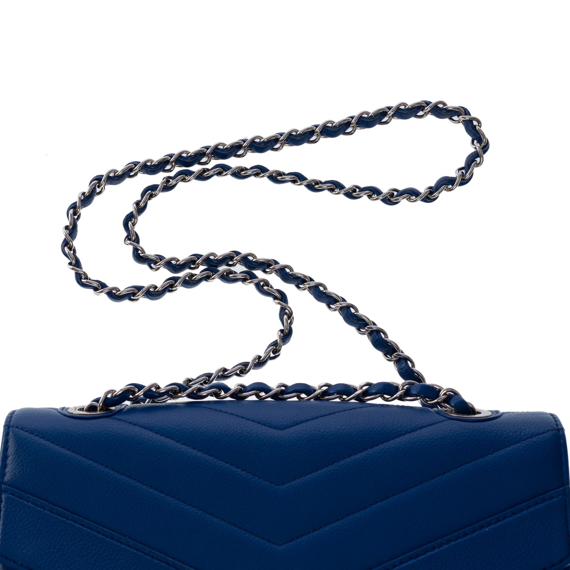 Chanel Classic shoulder flap bag in blue herringbone quilted caviar leather, SHW For Sale 5
