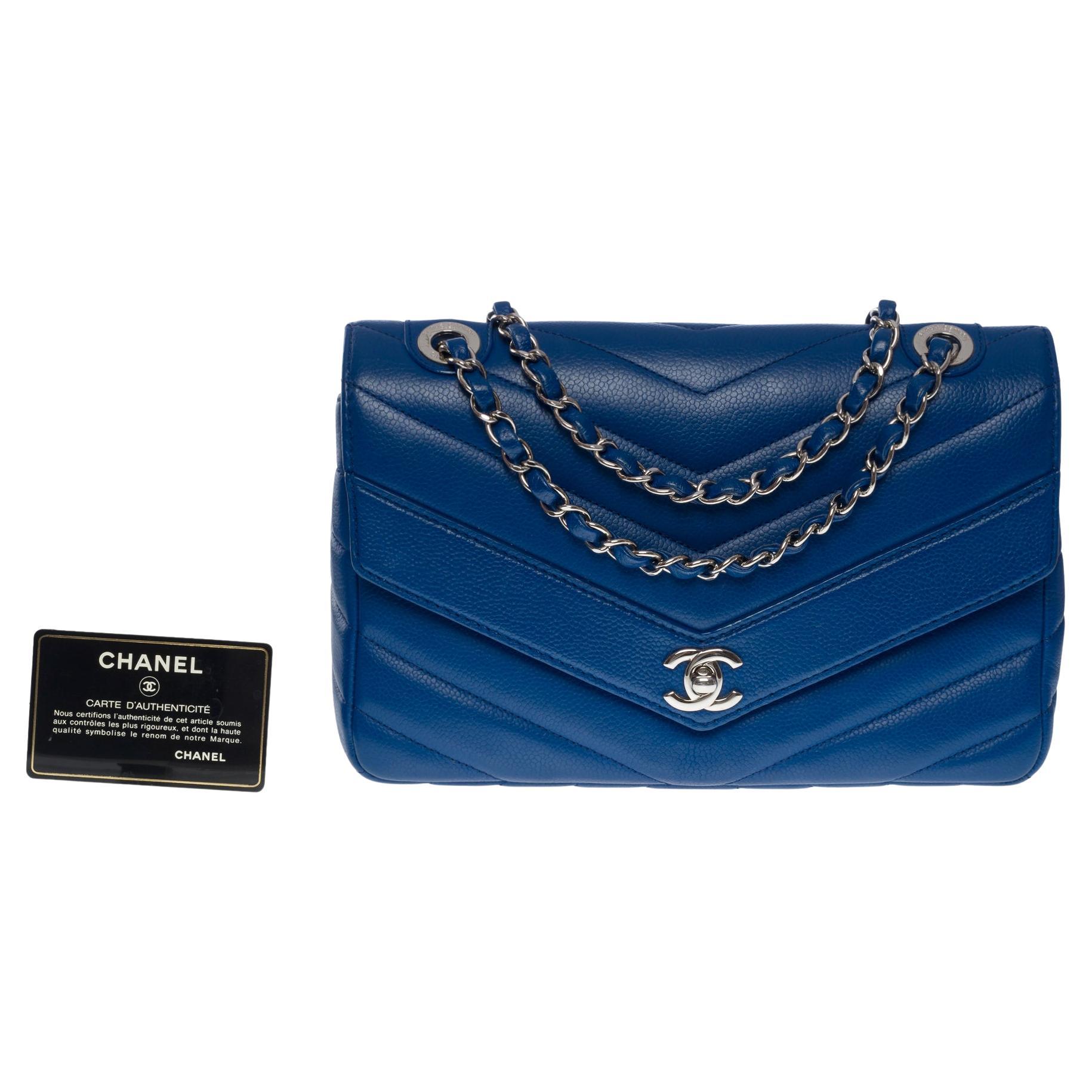 Chanel Classic shoulder flap bag in blue herringbone quilted caviar leather, SHW For Sale