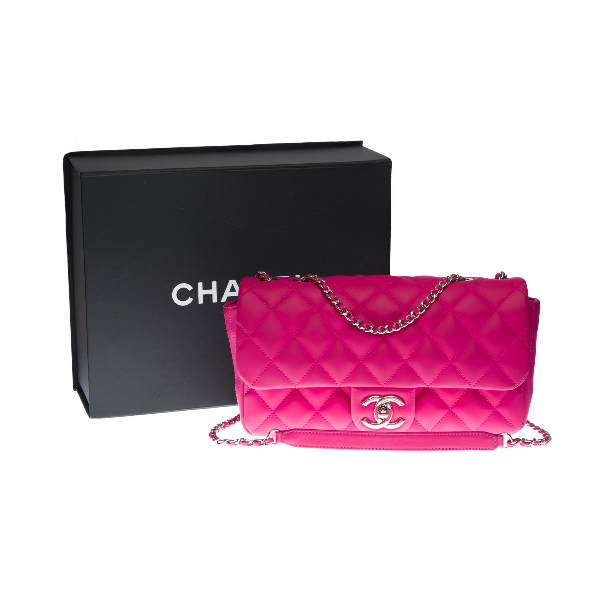 Chanel Classic shoulder Flap bag in hot pink vegan leather and silver hardware 3