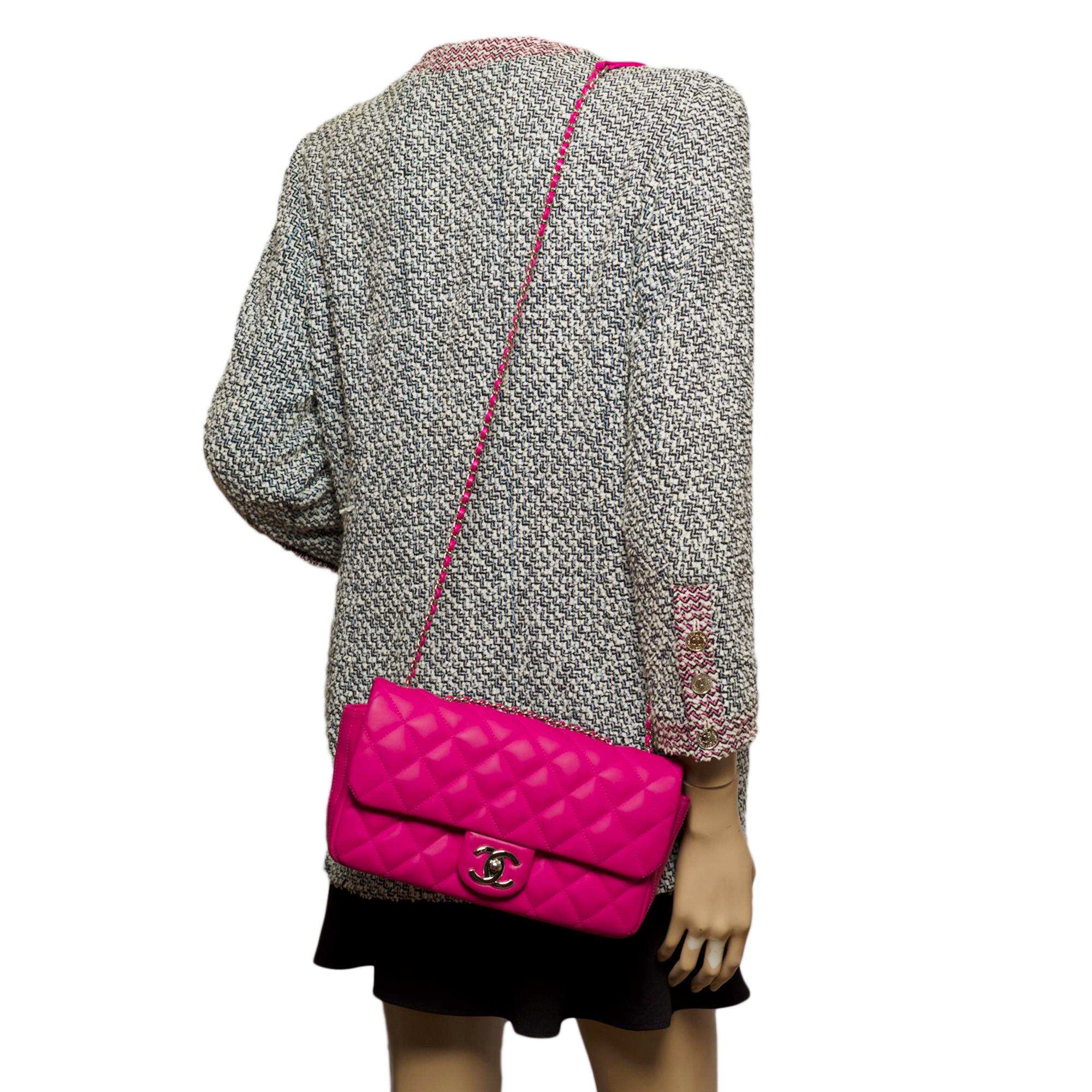 Chanel Classic shoulder Flap bag in hot pink vegan leather and silver hardware 4