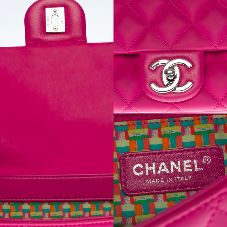 Chanel Classic shoulder Flap bag in hot pink vegan leather and silver