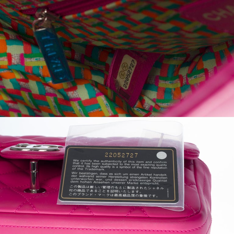 Chanel Classic shoulder Flap bag in hot pink vegan leather and silver