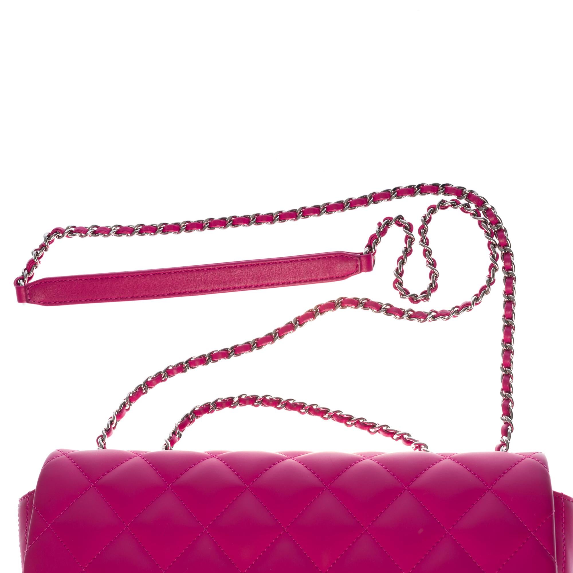 Women's Chanel Classic shoulder Flap bag in hot pink vegan leather and silver hardware
