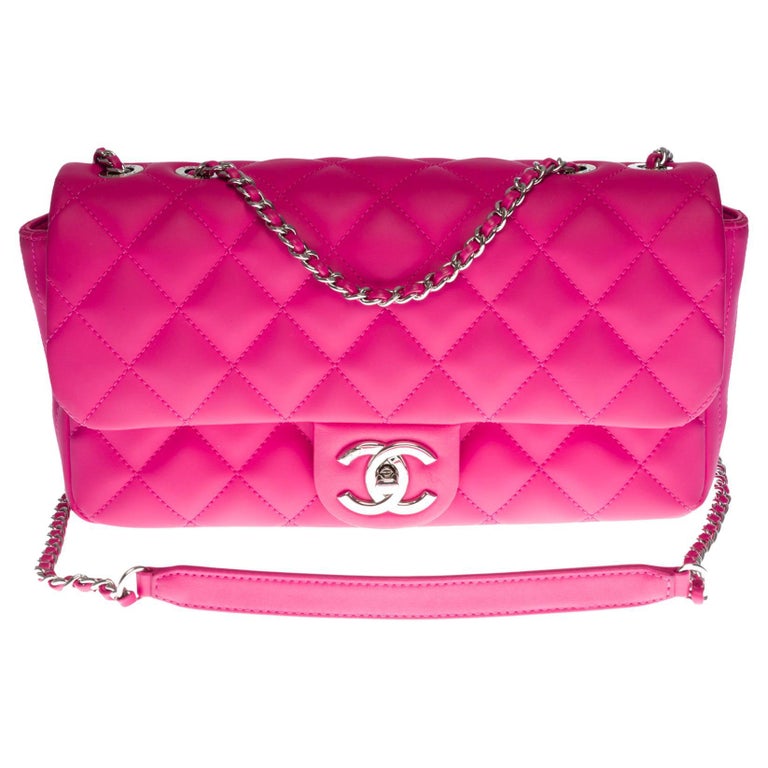 Chanel Classic shoulder Flap bag in hot pink vegan leather and silver  hardware
