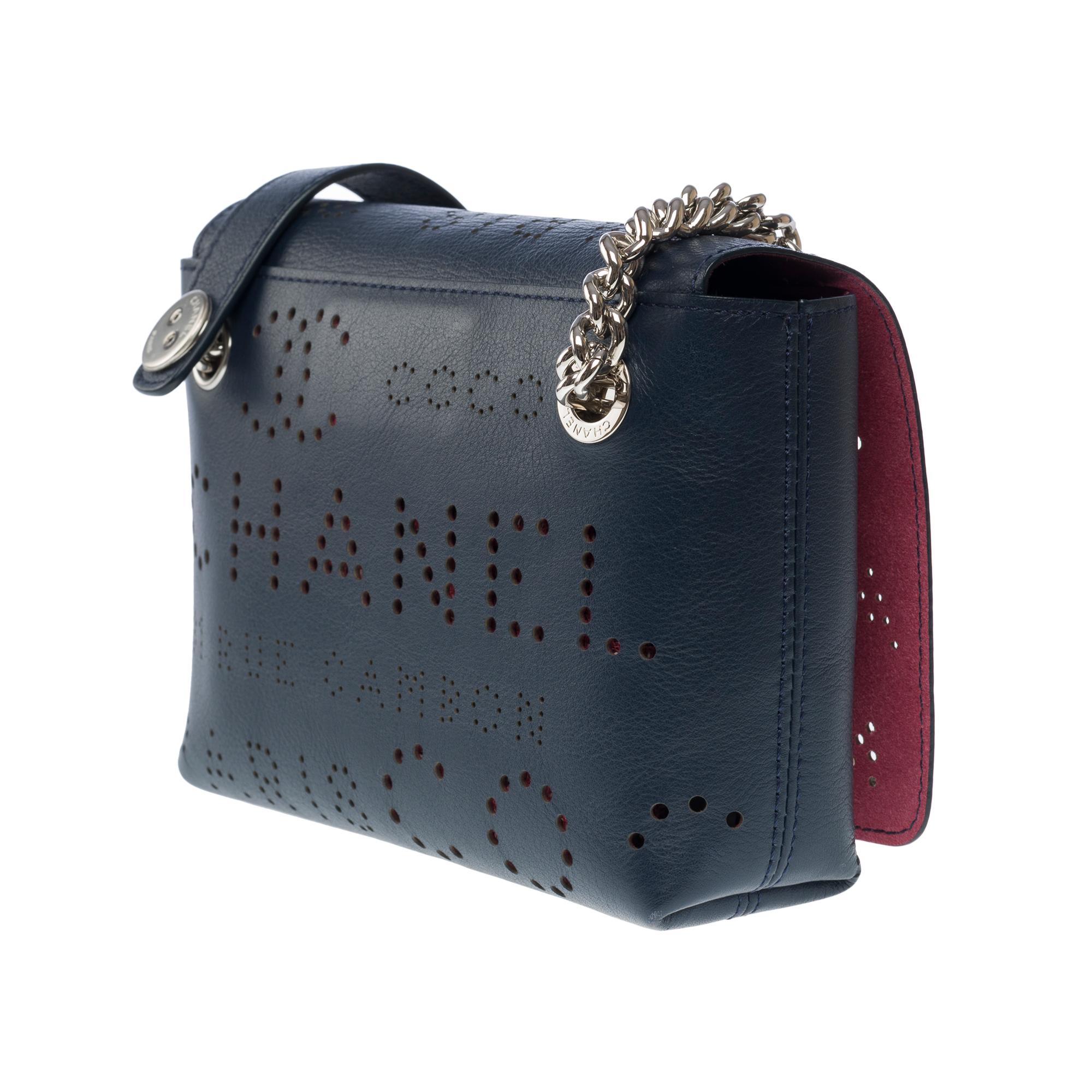 Chanel Classic shoulder flap bag in Navy blue perforated leather, SHW For Sale 2
