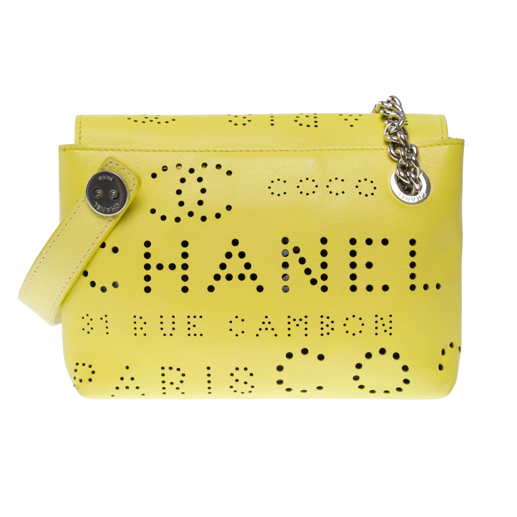 Chanel Classic shoulder flap bag in Yellow perforated leather, SHW 1