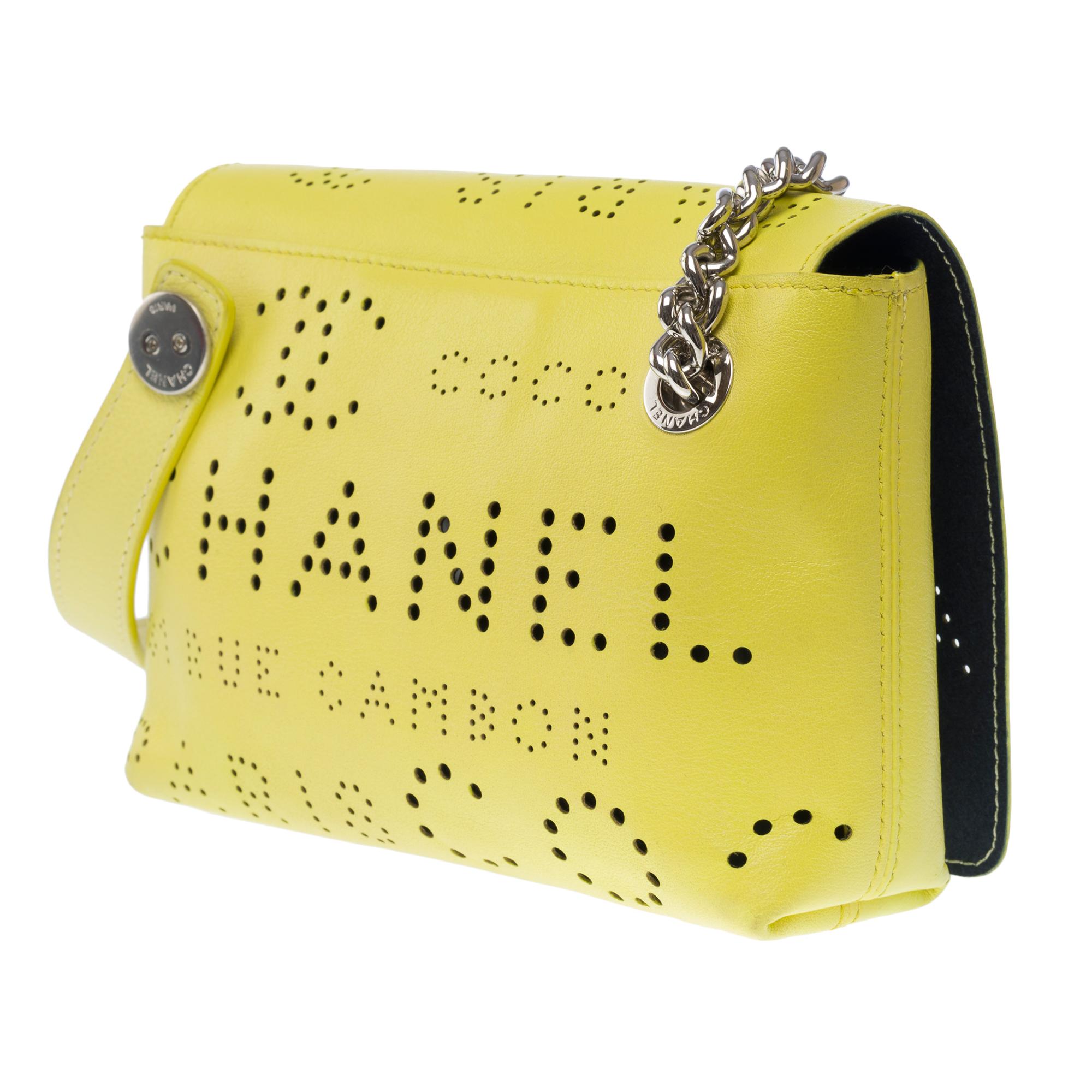 Chanel Classic shoulder flap bag in Yellow perforated leather, SHW 3
